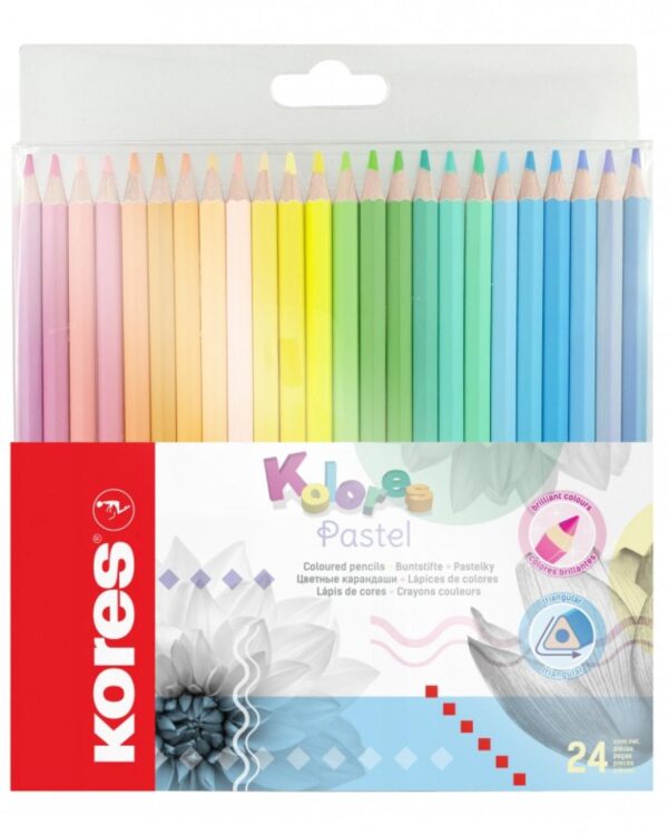 Pastelky KORES KOLORES Pastel trojhranné 24ks Pastelky KORES s jemným a plynulým vedením a zářivými barvami díky vysokému obsahu pigmentu. Z vysoce kvalitního lipového dřeva s trojhranným ergonomickým tvarem. Ideální při kreslení na tmavý papír
