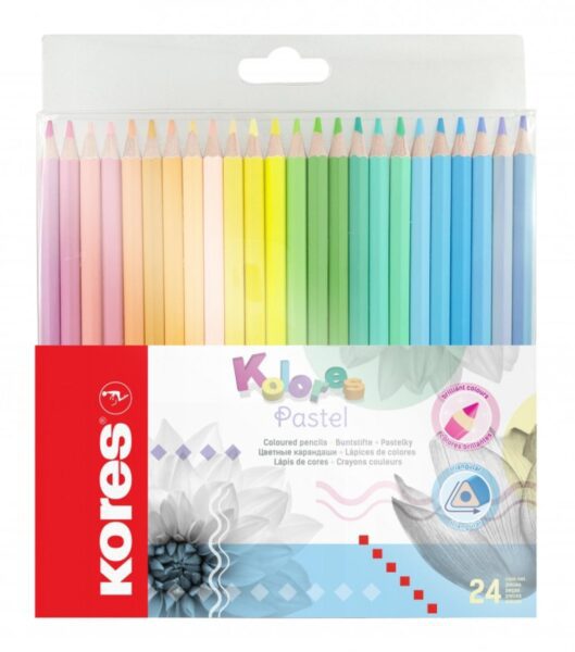 Pastelky KORES KOLORES Pastel trojhranné 24ks Pastelky KORES KOLORES Pastel trojhranné 24ks Pastelky KORES s jemným a plynulým vedením a zářivými barvami díky vysokému obsahu pigmentu. Z vysoce kvalitního lipového dřeva s trojhranným ergonomickým tvarem. Ideální při kreslení na tmavý papír