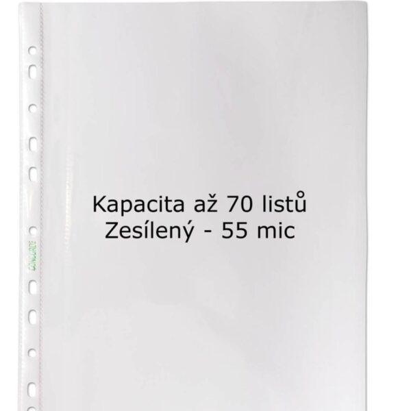 Obal závěsný 001 A4 extra rozšířený čirý silný 60mi/100ks Závěsný euroobal A4 s děrováním k zakládání dokumentů do pořadačů. Vkládání listu shora
