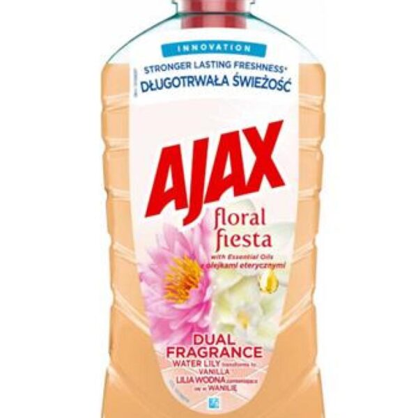 AJAX UNI na podlahy Leknín a vanilka 1000ml Ajax Floral Fiesta s vůní leknínu a vanilky je čistič na více povrchů se speciálním složením kombinující tradiční přísady