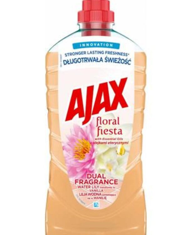AJAX UNI na podlahy Leknín a vanilka 1000ml Ajax Floral Fiesta s vůní leknínu a vanilky je čistič na více povrchů se speciálním složením kombinující tradiční přísady