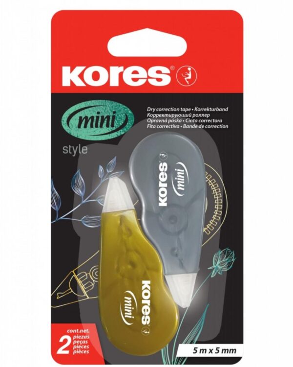 Korekční strojek KORES Metallic 5mx5mm 2ks Korekční strojek s hladkým tělem a plynulým odvinem pásky v praktické kapesní velikosti. 