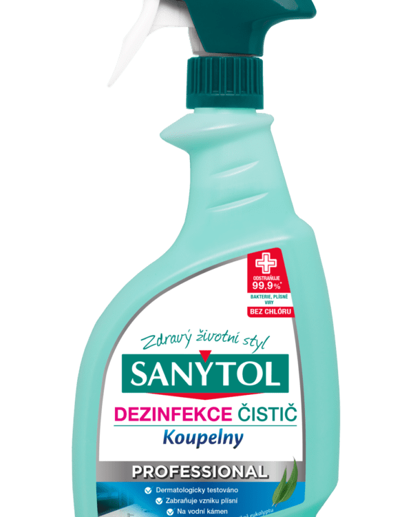 Sanytol Professional dezinfekce na koupelny 750ml Dezinfekce ve spreji na koupelny SANYTOL Professional účinně odstraňuje mýdla a vodního kamene v koupelně. Díky trojímu účinku - bakteriálnímu