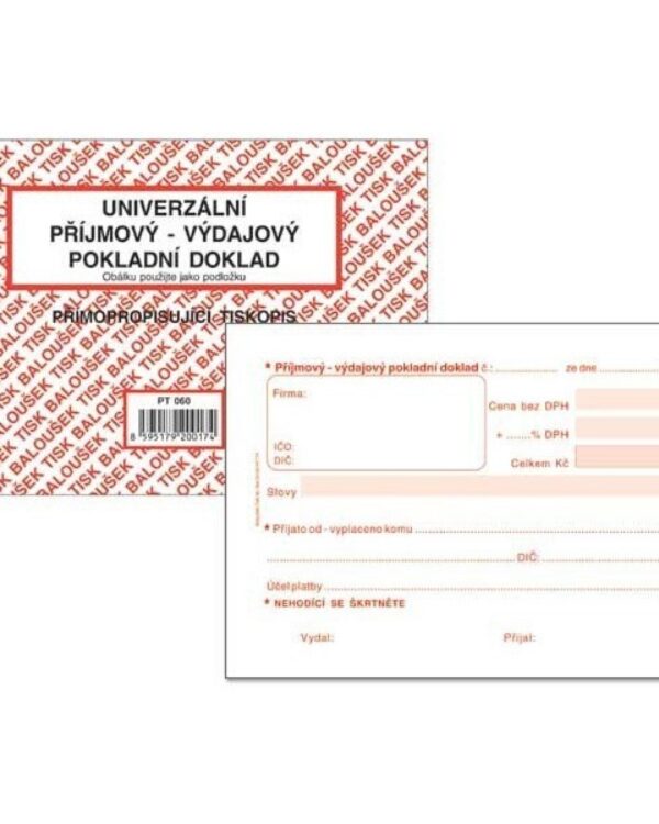 Příjmový-výdajový doklad univerzální A6 PT060 propisující Příjmový – výdajový pokladní univerzální doklad A6 PT060 samopropisovací. Doklad slouží k zachycení pohybu peněžní hotovosti v pokladně
