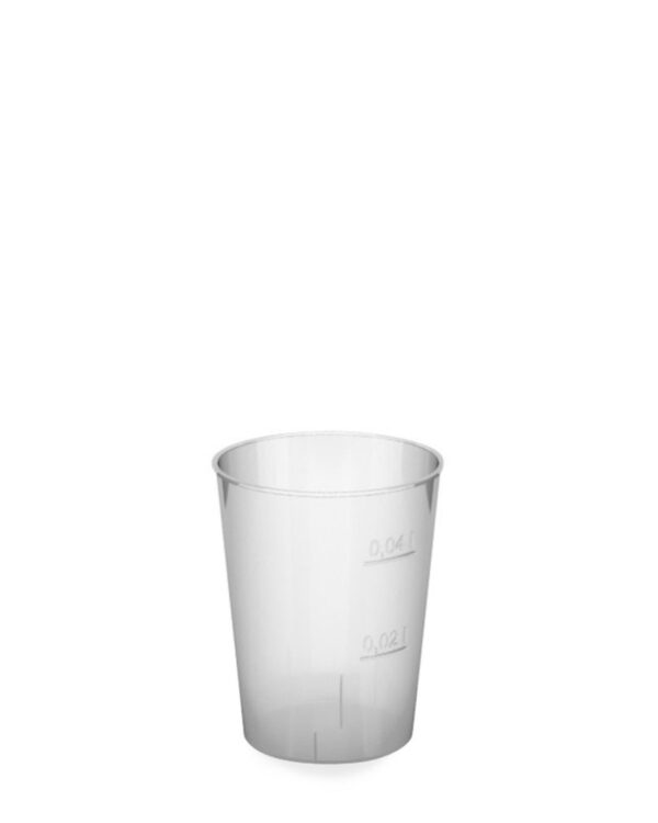Kelímek pohárek na alkohol PET 2cl/4cl/40ks Vysoce transparentní odolný jednorázový plastový kelímek vhodný na alkohol s ryskou označující 2 cl a 4 cl. Hygienicky baleny ve fólii.