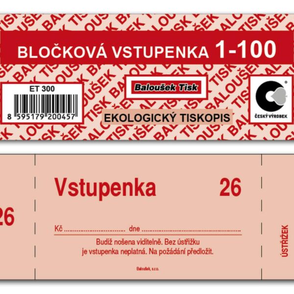 Vstupenky bločkové ET300 1-100 Bločkové vstupenky ET300. Každý list má 3 vzájemně oddělitelné části s perforací pro snadnější odtržení. Číselná řada 1-100.