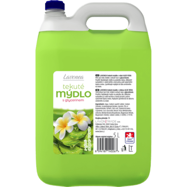 Mýdlo tekuté LAVON 5l zelené aloe vera LAVONEA tekuté mýdlo s vůní aloe vera 5 l je kvalitní mýdlo s neutrálním pH a glycerinem pro hebké
