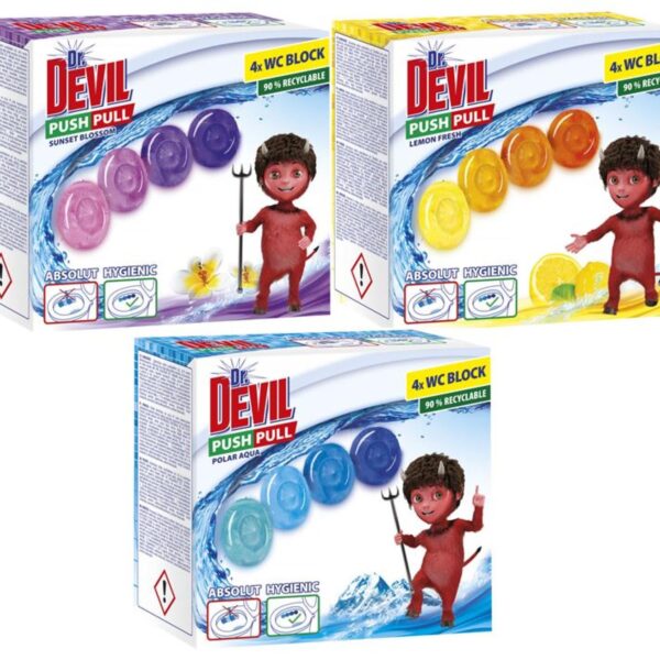 WC závěs Devil závěs Push Pull Gel mix WC bodový blok Dr. DEVIL PUSH PULL GEL. První WC závěs bez košíku. Svěže voní