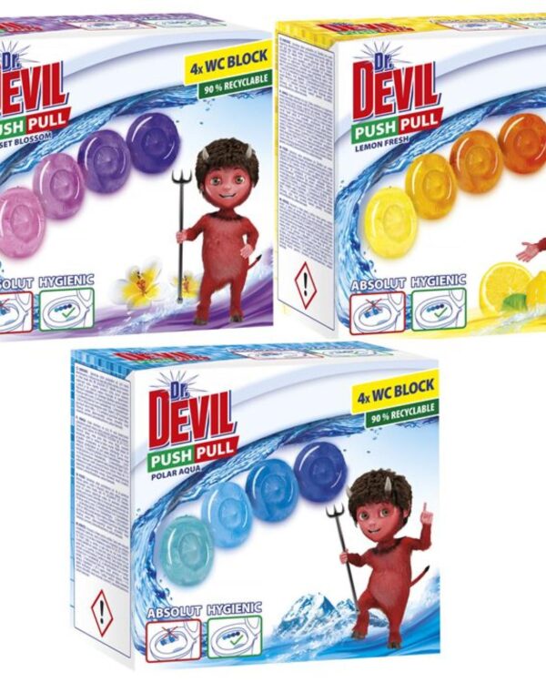 WC závěs Devil závěs Push Pull Gel mix WC bodový blok Dr. DEVIL PUSH PULL GEL. První WC závěs bez košíku. Svěže voní