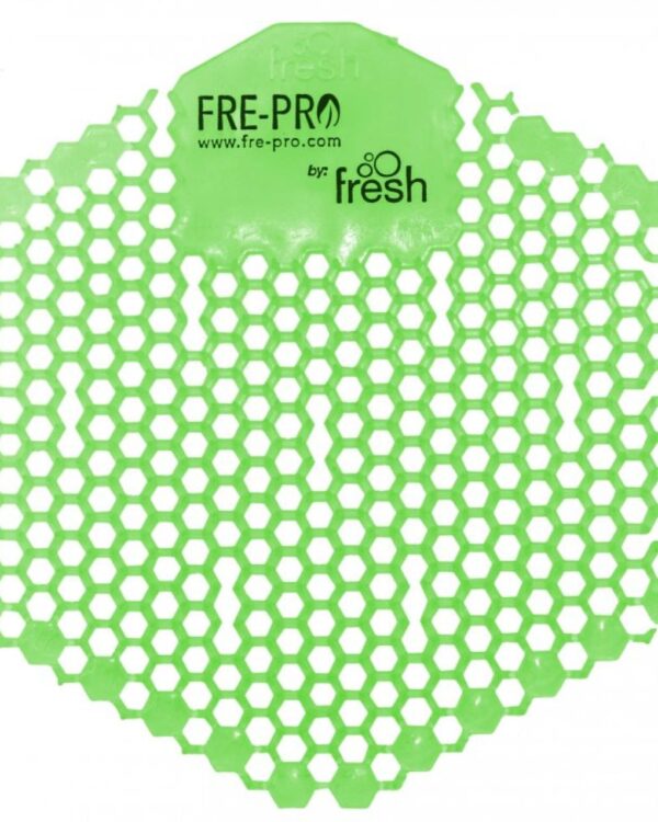Vonné sítko do pisoáru Fre-Pro Cucumber meloun/zelené Oboustranné vonné gelové sítko do pisoáru Wave 3D je součástí řady originálních produktů FRE-PRO. Unikátní šestiúhelníkový tvar se speciálně řešenými otvory umožňuje náhled do odpadových cest