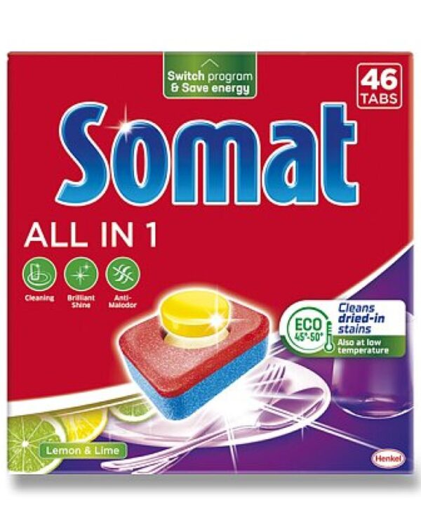 Tablety do myčky SOMAT AiO 46ks Tablety do myčky nádobí pro účinné mytí. Díky speciálním složkám perfektně čistí nádobí již od 40°C. Kromě funkce soli a leštidla