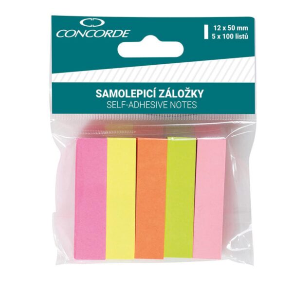Lepicí záložky 12x50mm/5x100listů neonové Samolepicí záložky s lepicí páskou na kratší straně v pěti barvách. 