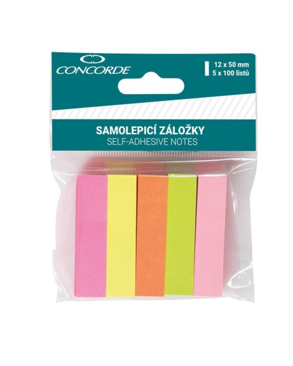 Lepicí záložky 12x50mm/5x100listů neonové Samolepicí záložky s lepicí páskou na kratší straně v pěti barvách. 