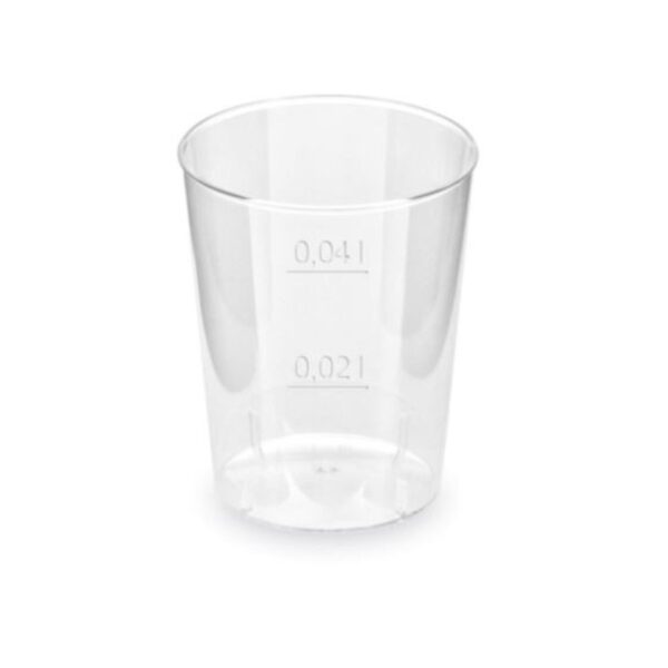Kelímek pohárek na alkohol krystal 2cl/4cl/50ks Nápojový jednorázový plastový kelímek na alkohol s ryskou označující 2 cl a 4 cl. Hygienicky baleny ve fólii.