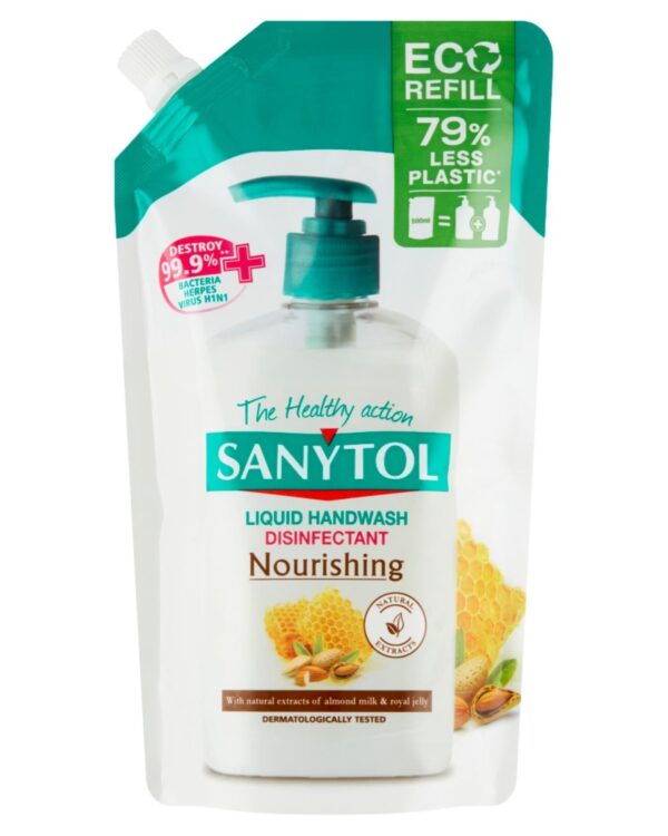 Sanytol dezinfekční mýdlo 500ml - náhradní náplň Náhradní náplň pro tekuté dezinfekční mýdlo SANYTOL s účinkem proti virům a bakteriím je obohaceno o přírodní olej a výtažek z mateří kašičky pro regeneraci pokožky. Účinné proti SARS-CoV2 podle normy EN 14476 (1 min.). 