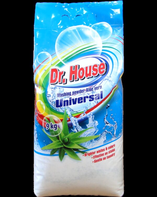 Prášek na praní Dr. House 9kg/90PD na bílé Bezfosfátový prací prostředek Dr. House Aloe vera Universal pro praní všech druhů prádla s výjimkou vlny a přírodního hedvábí. Je určen pro všechny typy praček i ruční praní. Díky prášku jsou barvy jasnější. Je efektivní na skrvny a jemný na prádlo.