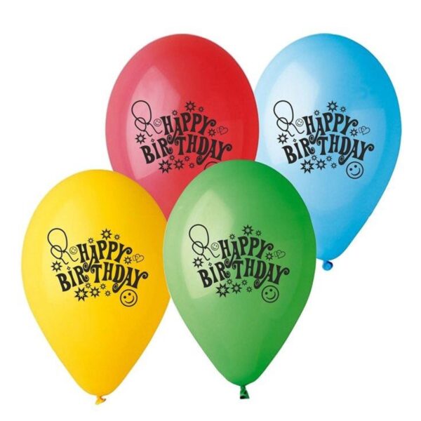 Balonky nafukovací 100ks s potiskem Happy Krásně barevné nafukovací balónky rozzáří každou oslavu nebo party s potiskem „Happy Birthday!“ o průměru 26cm.