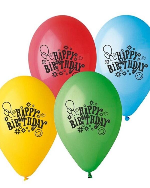 Balonky nafukovací 100ks s potiskem Happy Krásně barevné nafukovací balónky rozzáří každou oslavu nebo party s potiskem „Happy Birthday!“ o průměru 26cm.