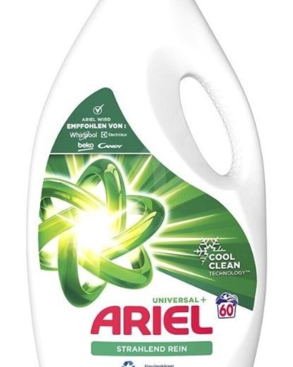 Gel na praní Ariel 3l/60PD na bílé Ariel prací gel Brilliant Clean Universal eliminuje pachy a obnovuje vlákna. Jeho složení bylo navrženo speciálně pro praní ve studené vodě a obsahuje unikátní technologii Cool Clean. Tekutý prací prostředek od značky Ariel také rozjasňuje bílé prádlo a pomáhá bránit tvorbě skvrn od potu. Navíc se dodává ve 100% recyklovatelném obalu.