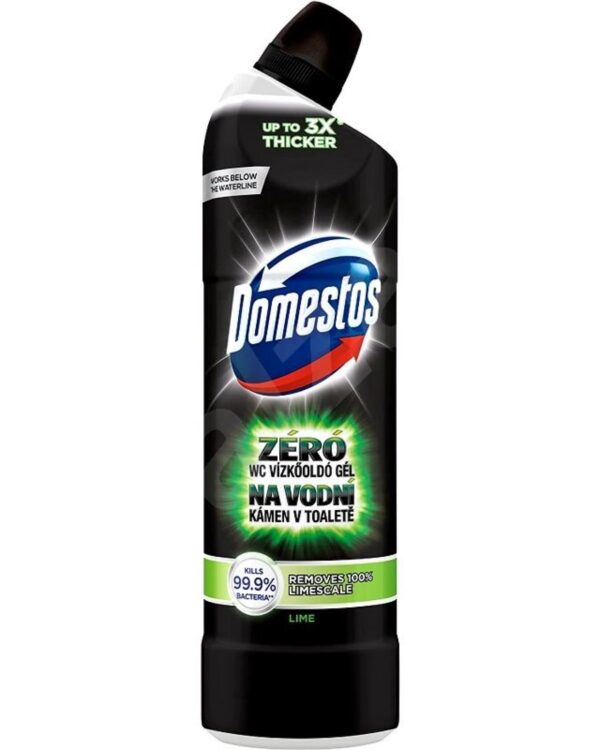 Domestos WC Zero černý LIME 750 ml Domestos Zero Ocean dokonale vyčistí vaši toaletu a spolehlivě ji zbaví vodního kamene.  Zabíjí 99