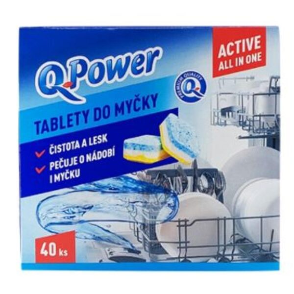 Tablety do myčky Q power All in one 40ks Tablety do myčky Q power All in one na nádobí obsahují obzvláště účinné látky a jsou mimořádně efektivní v měkké