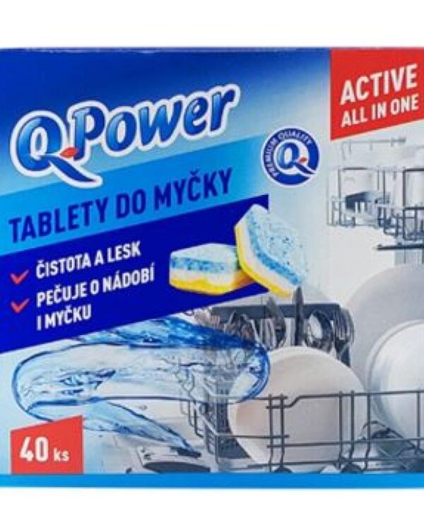 Tablety do myčky Q power All in one 40ks Tablety do myčky Q power All in one na nádobí obsahují obzvláště účinné látky a jsou mimořádně efektivní v měkké