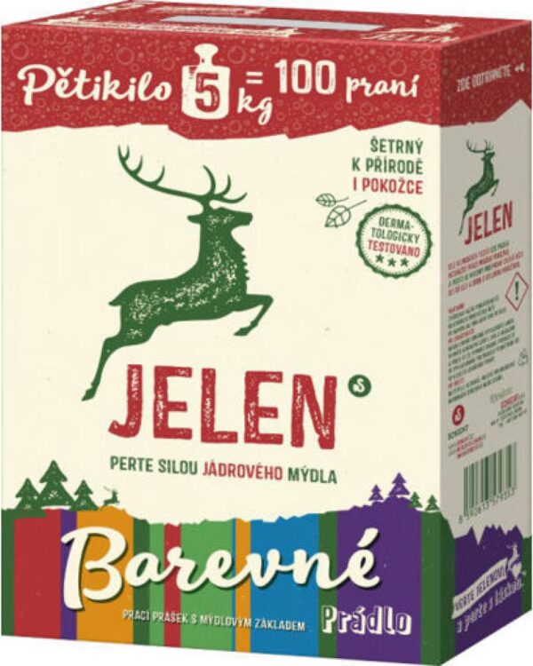 Jelen prášek na praní na barevné prádlo 5kg/100PD Univerzální prací prášek JELEN s pomocí kterého dokonale vyperete bílé i barevné prádlo. Díky receptuře založené na jádrovém mýdle je prášek vysoce účinný a současně šetrný nejen k pokožce