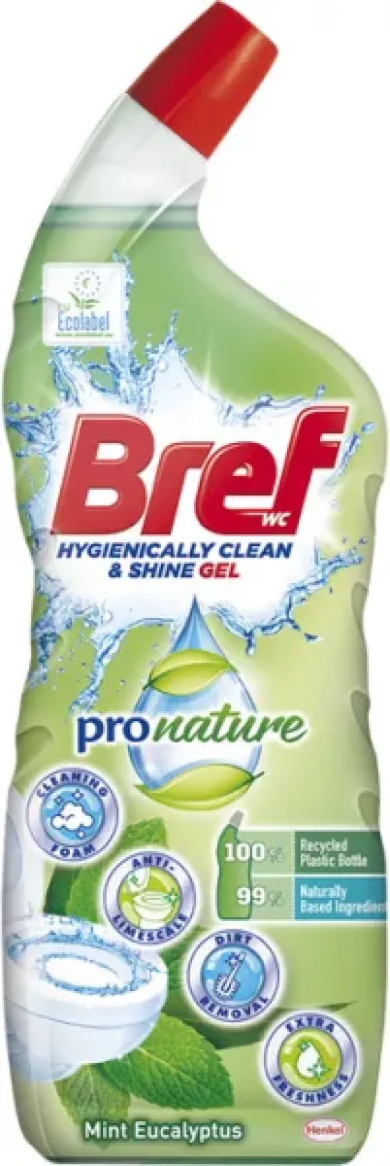 Bref čistič WC gel 700 ml Eucalyptus a mint Bref gelový WC čistič díky silnému složení účinnému zejména proti vodnímu kameni zajišťuje hygienickou čistotu a lesk vaší toalety. WC čistič po aplikaci dodá vaší toaletě také příjmenou vůni. Automaticky se aktivuje při kontaktu s povrchem