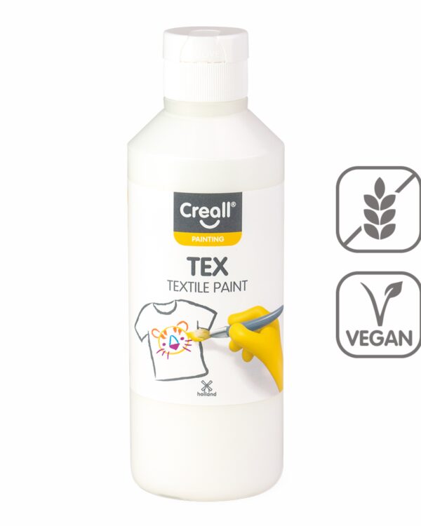 Barvy na textil CREALL 250ml bílá Textilní barvy na bázi akrylu nabízí dokonalé krytí a snadné nanášení. Pomocí štětce a barev vykreslete obrázek přímo na textil. Nechte zaschnout 2 hodiny. Zafixujte pomocí žehličky ze zadní lícové strany. Díky fixaci zůstanou vaše výtvory odolné a stálobarevné. Lze prát na 30 °C