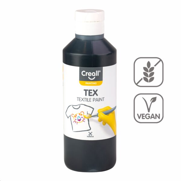 Barvy na textil CREALL 250ml černá Textilní barvy na bázi akrylu nabízí dokonalé krytí a snadné nanášení. Pomocí štětce a barev vykreslete obrázek přímo na textil. Nechte zaschnout 2 hodiny. Zafixujte pomocí žehličky ze zadní lícové strany. Díky fixaci zůstanou vaše výtvory odolné a stálobarevné. Lze prát na 30 °C