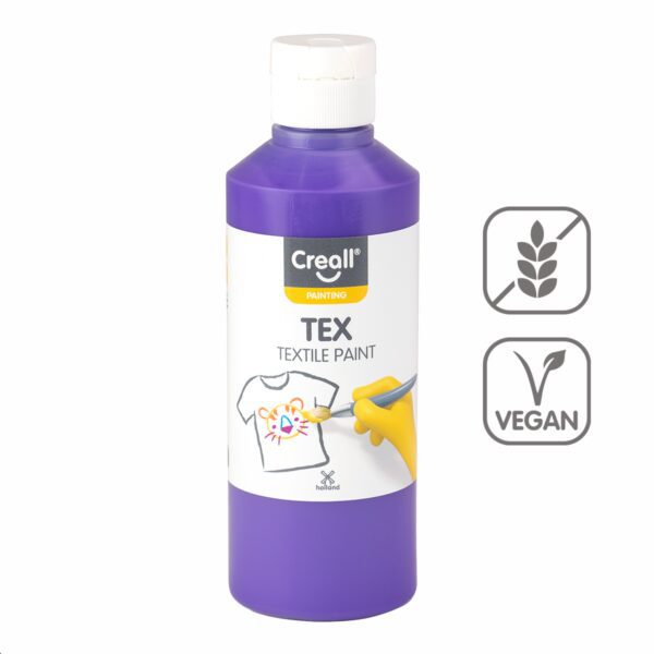 Barvy na textil CREALL 250ml fialová Textilní barvy na bázi akrylu nabízí dokonalé krytí a snadné nanášení. Pomocí štětce a barev vykreslete obrázek přímo na textil. Nechte zaschnout 2 hodiny. Zafixujte pomocí žehličky ze zadní lícové strany. Díky fixaci zůstanou vaše výtvory odolné a stálobarevné. Lze prát na 30 °C
