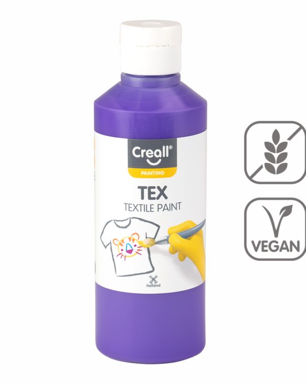 Barvy na textil CREALL 250ml fialová Textilní barvy na bázi akrylu nabízí dokonalé krytí a snadné nanášení. Pomocí štětce a barev vykreslete obrázek přímo na textil. Nechte zaschnout 2 hodiny. Zafixujte pomocí žehličky ze zadní lícové strany. Díky fixaci zůstanou vaše výtvory odolné a stálobarevné. Lze prát na 30 °C