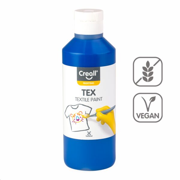 Barvy na textil CREALL 250ml modrá Textilní barvy na bázi akrylu nabízí dokonalé krytí a snadné nanášení. Pomocí štětce a barev vykreslete obrázek přímo na textil. Nechte zaschnout 2 hodiny. Zafixujte pomocí žehličky ze zadní lícové strany. Díky fixaci zůstanou vaše výtvory odolné a stálobarevné. Lze prát na 30 °C