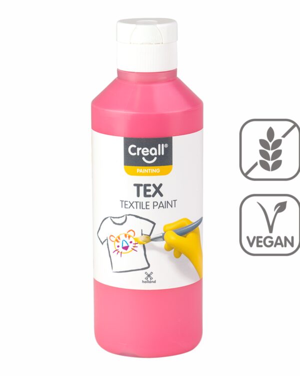Barvy na textil CREALL 250ml světle růžová Textilní barvy na bázi akrylu nabízí dokonalé krytí a snadné nanášení. Pomocí štětce a barev vykreslete obrázek přímo na textil. Nechte zaschnout 2 hodiny. Zafixujte pomocí žehličky ze zadní lícové strany. Díky fixaci zůstanou vaše výtvory odolné a stálobarevné. Lze prát na 30 °C
