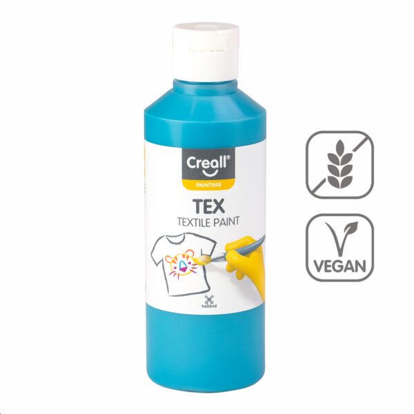 Barvy na textil CREALL 250ml tyrkysová Textilní barvy na bázi akrylu nabízí dokonalé krytí a snadné nanášení. Pomocí štětce a barev vykreslete obrázek přímo na textil. Nechte zaschnout 2 hodiny. Zafixujte pomocí žehličky ze zadní lícové strany. Díky fixaci zůstanou vaše výtvory odolné a stálobarevné. Lze prát na 30 °C