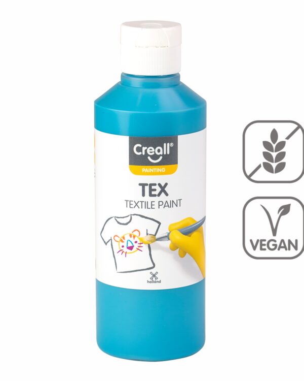 Barvy na textil CREALL 250ml tyrkysová Textilní barvy na bázi akrylu nabízí dokonalé krytí a snadné nanášení. Pomocí štětce a barev vykreslete obrázek přímo na textil. Nechte zaschnout 2 hodiny. Zafixujte pomocí žehličky ze zadní lícové strany. Díky fixaci zůstanou vaše výtvory odolné a stálobarevné. Lze prát na 30 °C