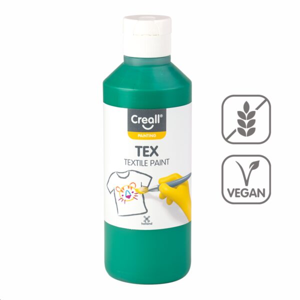 Barvy na textil CREALL 250ml zelená Textilní barvy na bázi akrylu nabízí dokonalé krytí a snadné nanášení. Pomocí štětce a barev vykreslete obrázek přímo na textil. Nechte zaschnout 2 hodiny. Zafixujte pomocí žehličky ze zadní lícové strany. Díky fixaci zůstanou vaše výtvory odolné a stálobarevné. Lze prát na 30 °C