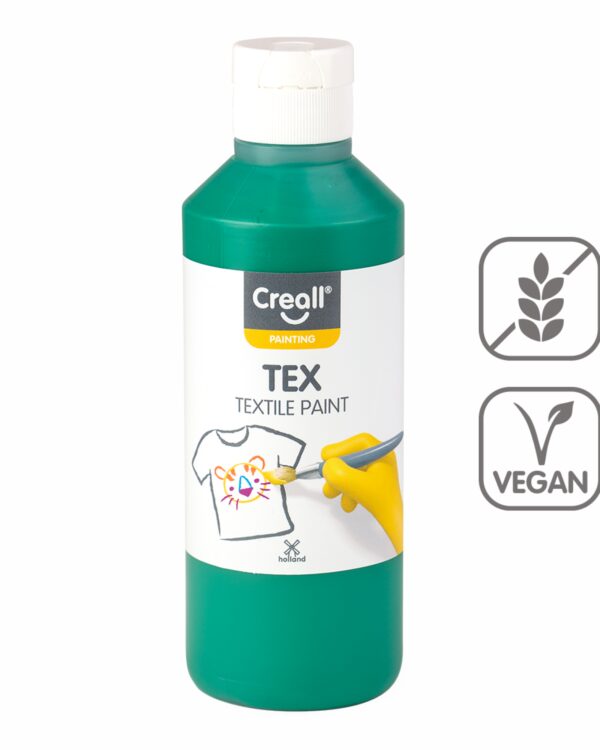 Barvy na textil CREALL 250ml zelená Textilní barvy na bázi akrylu nabízí dokonalé krytí a snadné nanášení. Pomocí štětce a barev vykreslete obrázek přímo na textil. Nechte zaschnout 2 hodiny. Zafixujte pomocí žehličky ze zadní lícové strany. Díky fixaci zůstanou vaše výtvory odolné a stálobarevné. Lze prát na 30 °C
