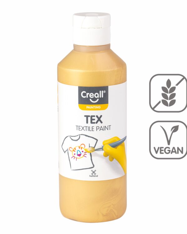 Barvy na textil CREALL 250ml zlatá Textilní barvy na bázi akrylu nabízí dokonalé krytí a snadné nanášení. Pomocí štětce a barev vykreslete obrázek přímo na textil. Nechte zaschnout 2 hodiny. Zafixujte pomocí žehličky ze zadní lícové strany. Díky fixaci zůstanou vaše výtvory odolné a stálobarevné. Lze prát na 30 °C