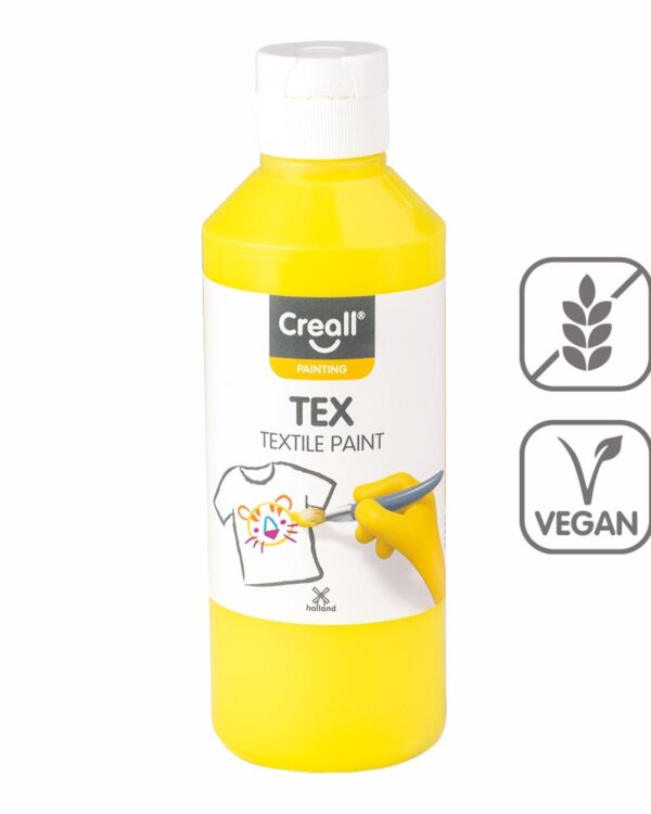 Barvy na textil CREALL 250ml žlutá Textilní barvy na bázi akrylu nabízí dokonalé krytí a snadné nanášení. Pomocí štětce a barev vykreslete obrázek přímo na textil. Nechte zaschnout 2 hodiny. Zafixujte pomocí žehličky ze zadní lícové strany. Díky fixaci zůstanou vaše výtvory odolné a stálobarevné. Lze prát na 30 °C