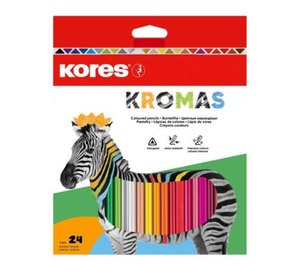 Pastelky KORES KROMAS trojhranné 24ks Pastelky KORES KROMAS trojhranné 24ks Pastelky KORES s jemným a plynulým vedením a zářivými barvami díky vysokému obsahu pigmentu. Z vysoce kvalitního lipového dřeva s trojhranným ergonomickým tvarem pro správné držení. Bezpečné pro děti.