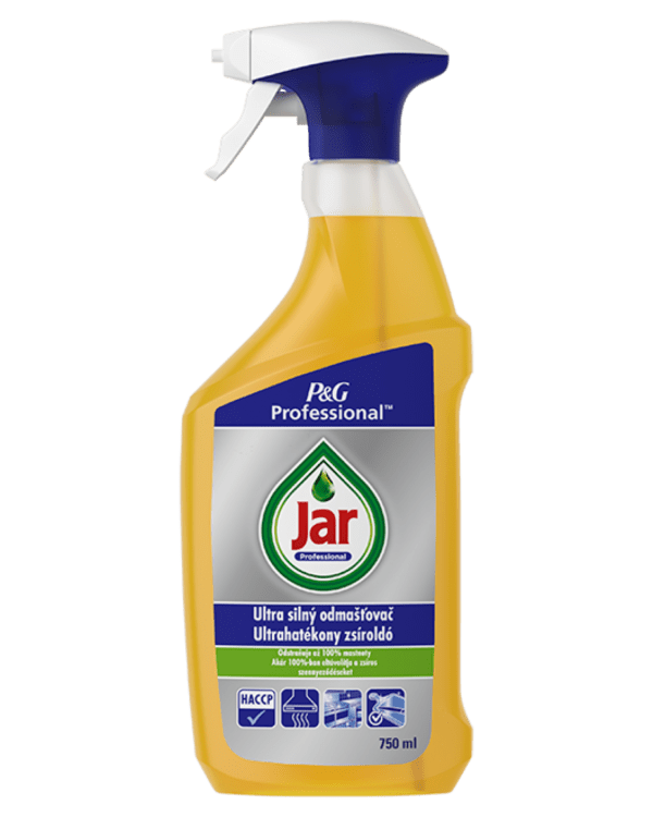 JAR ultra silný odmašťovač s rozprašovačem na kuchyně 750ml Vysoce účinný prostředek ve spreji na odstraňování odolné mastnoty Jar Professional ultra silný odmašťovač je určen pro profesionální kuchyně a bez obav jej lze používat i na všechny povrchy