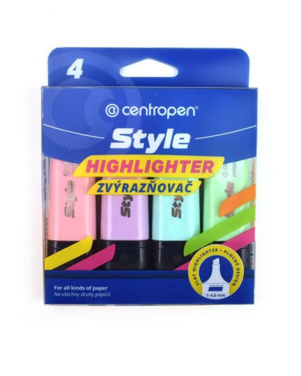 Zvýrazňovač plochý Centropen Style 6252/4ks pastelové barvy Praktická sada pastelových zvýrazňovačů ve stylovém designu – elegantní bílé tělo ozdobí každý pracovní stůl. 