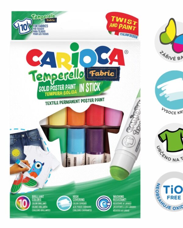 Barvy temperové twist Carioca na textil 10barev Vytvořte si jedinečné módní kousky s temperovými barvami na textil od italské značky Carioca. Praktické balení v tyčince pro nanášení barev. Skvělá zábava pro všechny bez ohledu na věk!