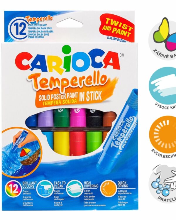 Barvy temperové twist Carioca v tyčince 12barev Temperové barvy twist v praktické šroubovací tyčince přináší nekonečné možnosti kreativního tvoření. V závislosti na tlaku