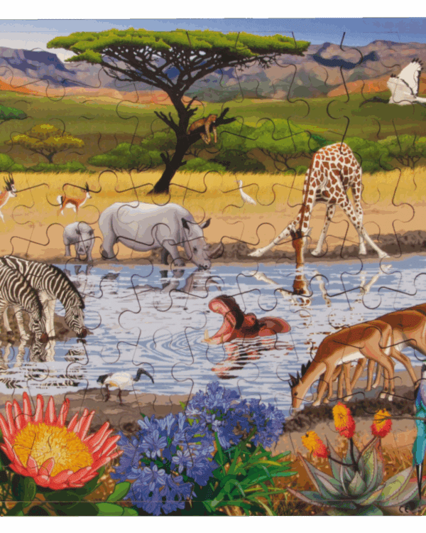 Pohyblivé puzzle Afrika S těmito puzzle se děti více dozví o různých zvířatech žijících v jejich přirozených oblastech. Puzzle jsou doplněna o bezplatnou aplikaci s rozšířenou realitou (AR)