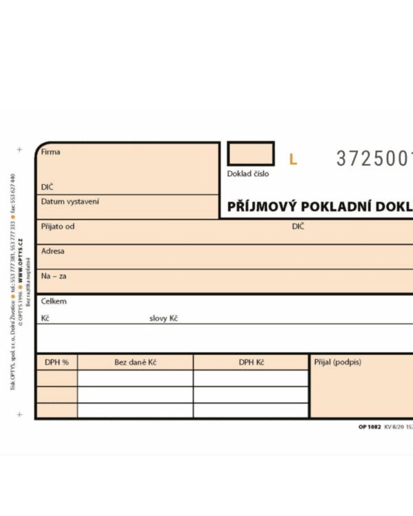 Příjmový pokl. doklad NCR 3x25 čísl. A6 OPT 82 - propisující Příjmový pokladní doklad A6 na šířku Optys 1082 číslovaný samopropisovací pro podvojné účetnictví. Tiskopis splňuje všechny platné požadavky zákona o DPH. Obsahuje 3x25 listů (celkem 75 listů) s perforací pro snadné odtržení a zakládacím dírkováním pro založení do pořadače. Pokladní doklad slouží k zachycení pohybu peněžní hotovosti v pokladně