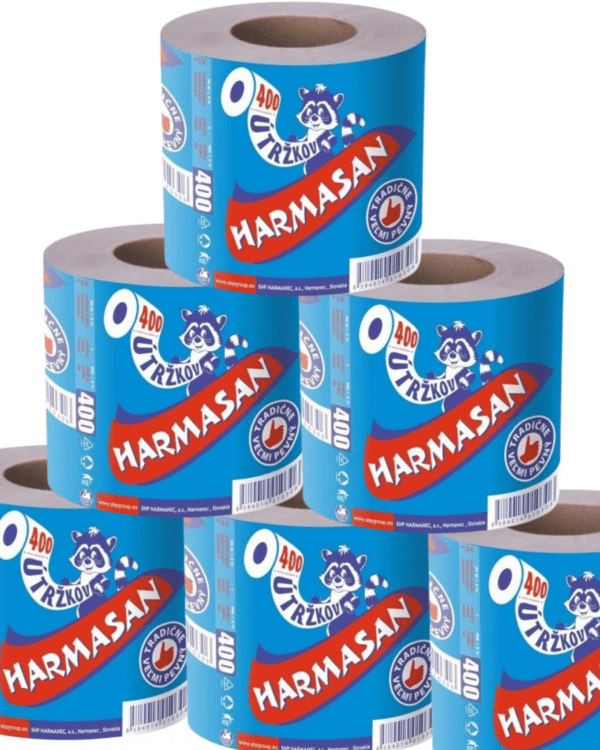 Toaletní papír Harmasan Mýval 400 Tradiční jednovrstvý toaletní papír HARMASAN je spolehlivou volbou pro každodenní použití v domácnostech i provozech. Vyrobený z kvalitního recyklovaného materiálu přináší ekologické řešení bez kompromisů v kvalitě. Pevná struktura papíru zaručuje dlouhou životnost a praktické využití. Každá role obsahuje garantovaných 400 útržků