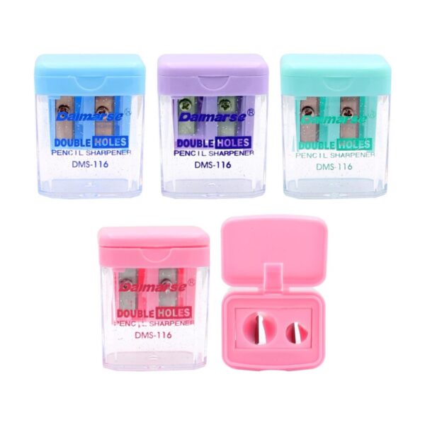 Ořezávátko školní se zásobníkem na 2 tužky mix barev Ořezávátko školní se zásobníkem na 2 tužky mix barev Barevné ořezávátko na tužky a pastelky s průhlednou