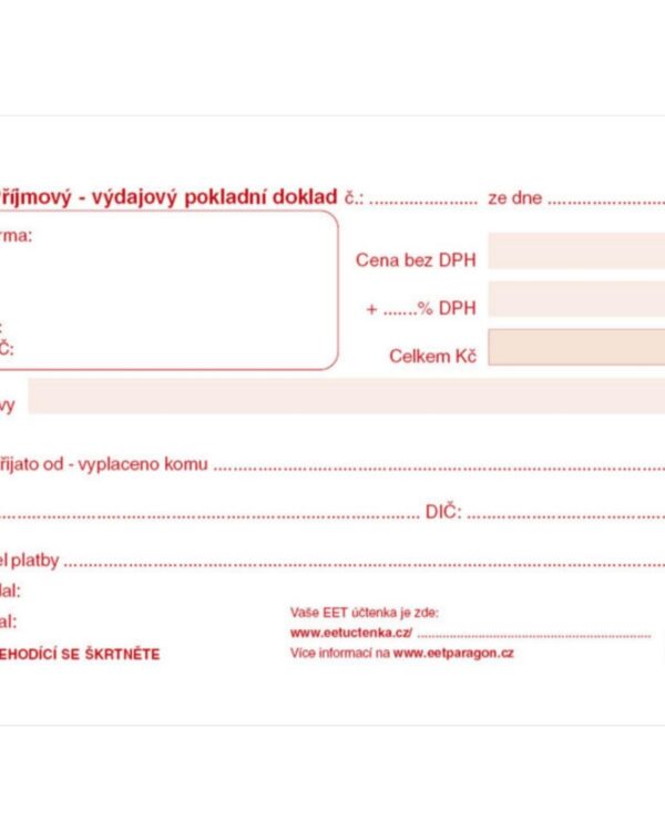 Příjmový-výdajový doklad univerzální A6 PT060 propisující Příjmový – výdajový pokladní univerzální doklad A6 PT060 samopropisovací. Doklad slouží k zachycení pohybu peněžní hotovosti v pokladně